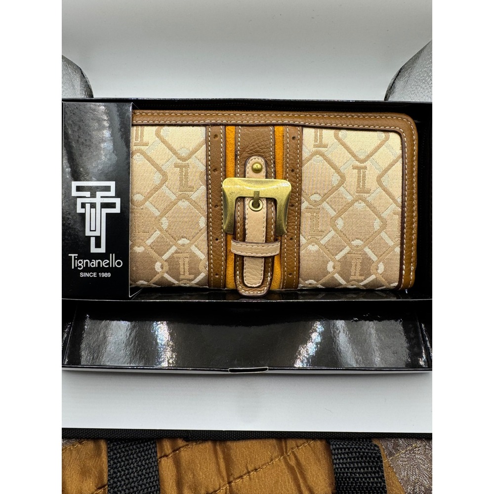Tignanello Monogram Jacquard Leather Zip Around Wallet Brown Tan Buckle NWOT